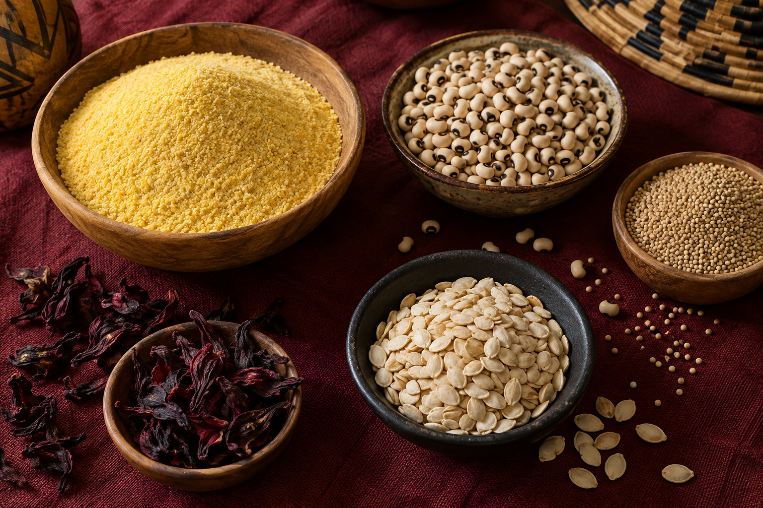 African pantry ingredients including garri, beans and grains